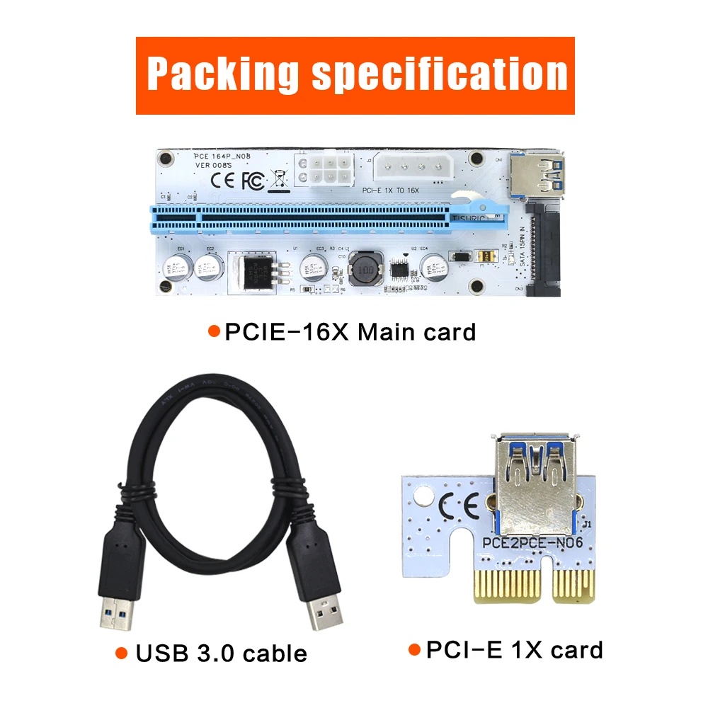 TISHRIC PCIE PCI E Express Riser Card 1x к 16x USB 3 0 кабель VER 008S в 1 Molex 4Pin SATA 6PIN Raise для майнинга Riser| |