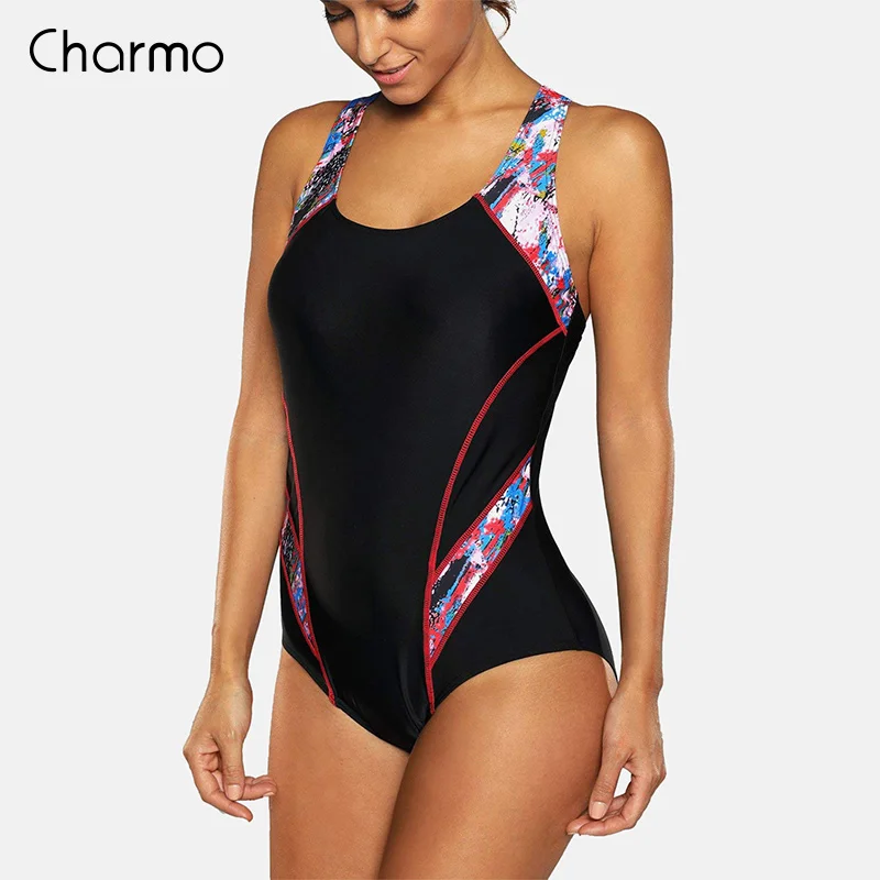 RED Charmo цельный женский спортивный купальные Костюм спортивный купальник монокини с цветными блоками пляжный купальный костюм для фитнеса тонкая тренировочная спортивная одежда - Цвет: RED