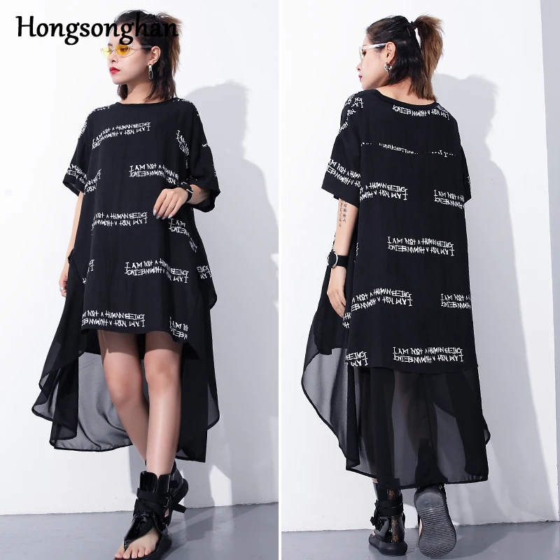 Hongsonghan с буквенным принтом вышивка шифон платье Большие размеры женские летние