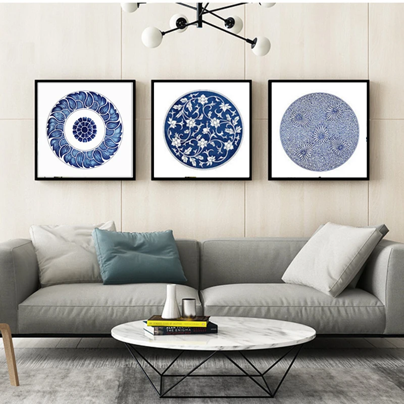 

HAOCHU Traditional Chinese Blue And White porcelain Totem Canvas Painting Bowl Prints and Picture For Art Wall Poster Home Decor