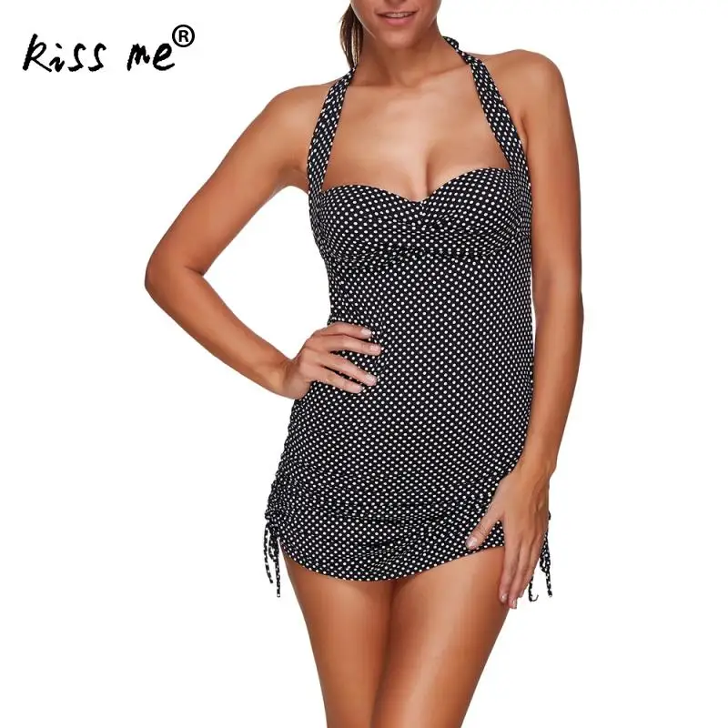 Открытая спина Цельный купальник 2018 черный горошек Высокая талия короткий