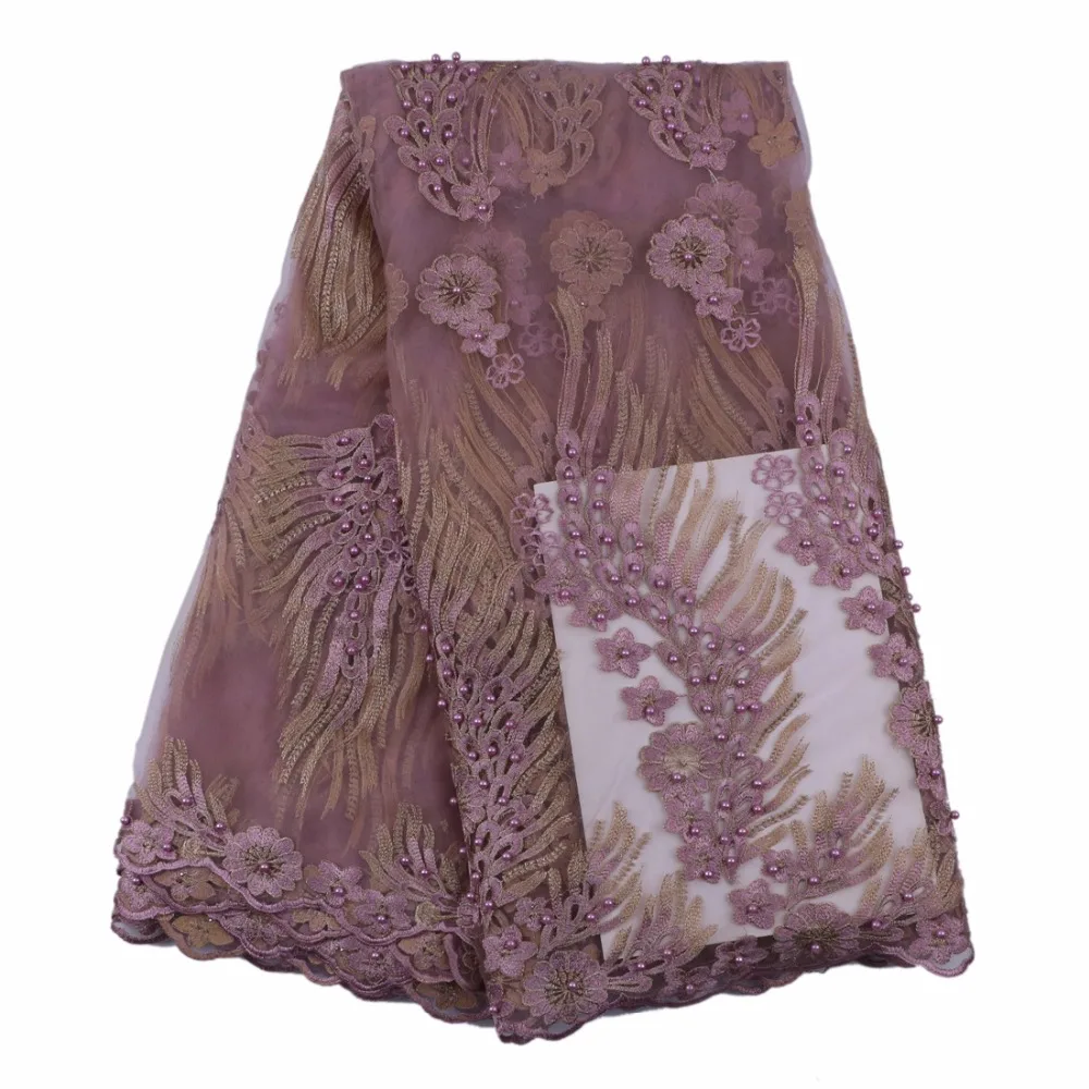 Фиолетовый бисером кружевной ткани с золотым кружевом embroiderey и бусы Крыло узором