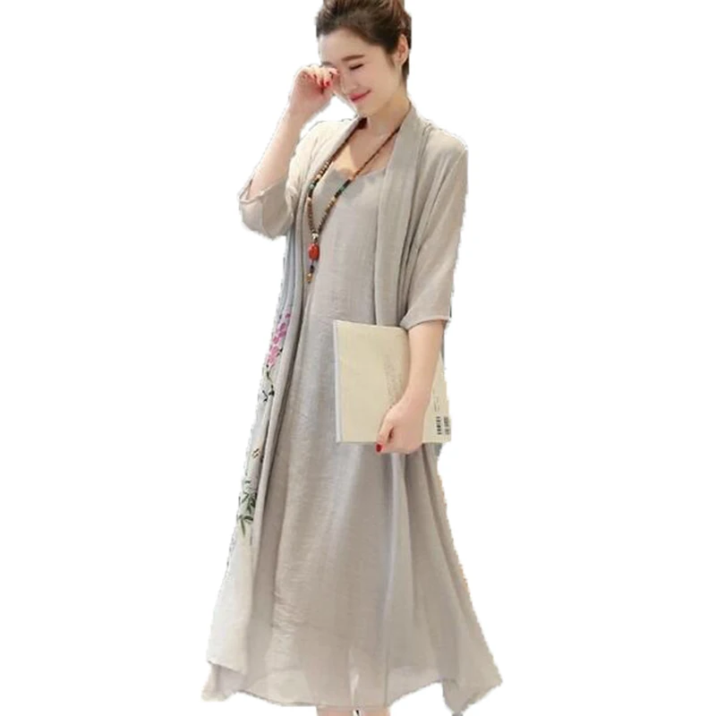 Модное платье из хлопка и льна Свободное длинное с винтажным принтом имитация