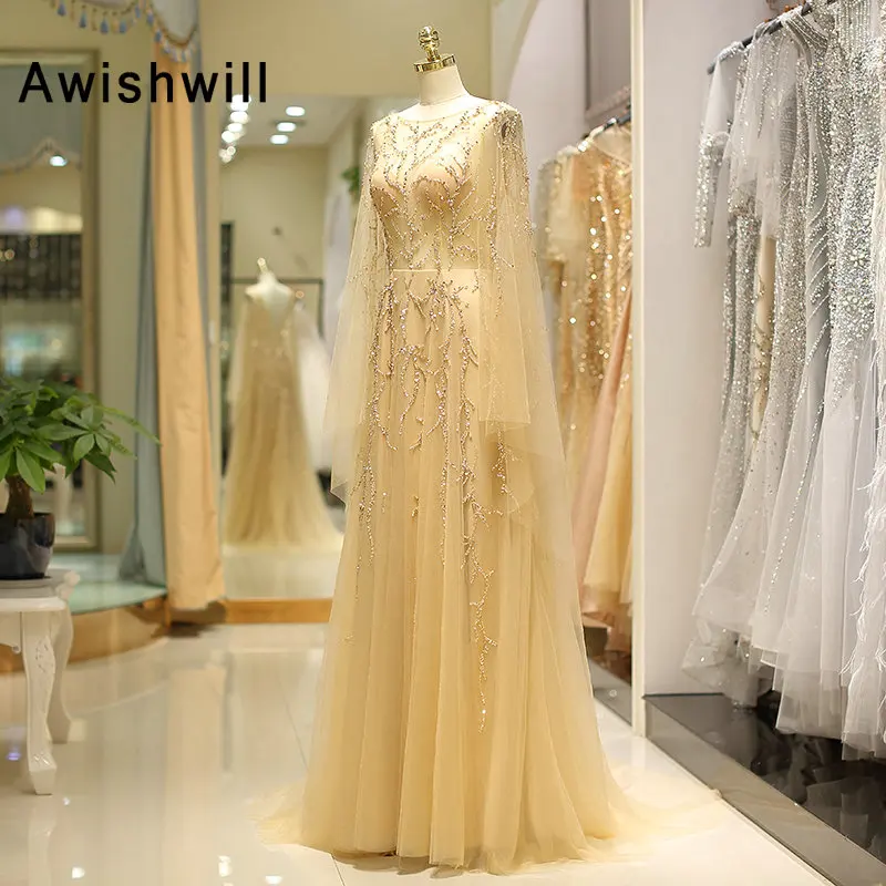 Luxury 2020 Women Evening Dress Long Sleeves Open Back A-line Illusion Bodice Sweep Train Tulle Beaded Gold Formal Prom Gowns