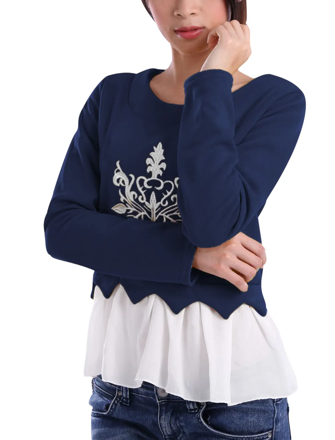 8216 Женщины Шифон Панель Флис Выстроились Темно-Синий Сгущает Блузка/Xs (Сша 0) |