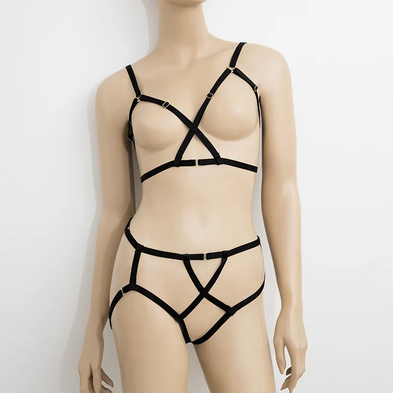 Black Sexy Harness Эластичный Готический бандаж, подвязки, пояс для подвязки, сексуальное женское белье, набор, женский бюстгальтер, клетка, жгут, БДСМ, жгут, ноги/бедра, цепочка, украшения для тела - Цвет: Black Sexy Harness