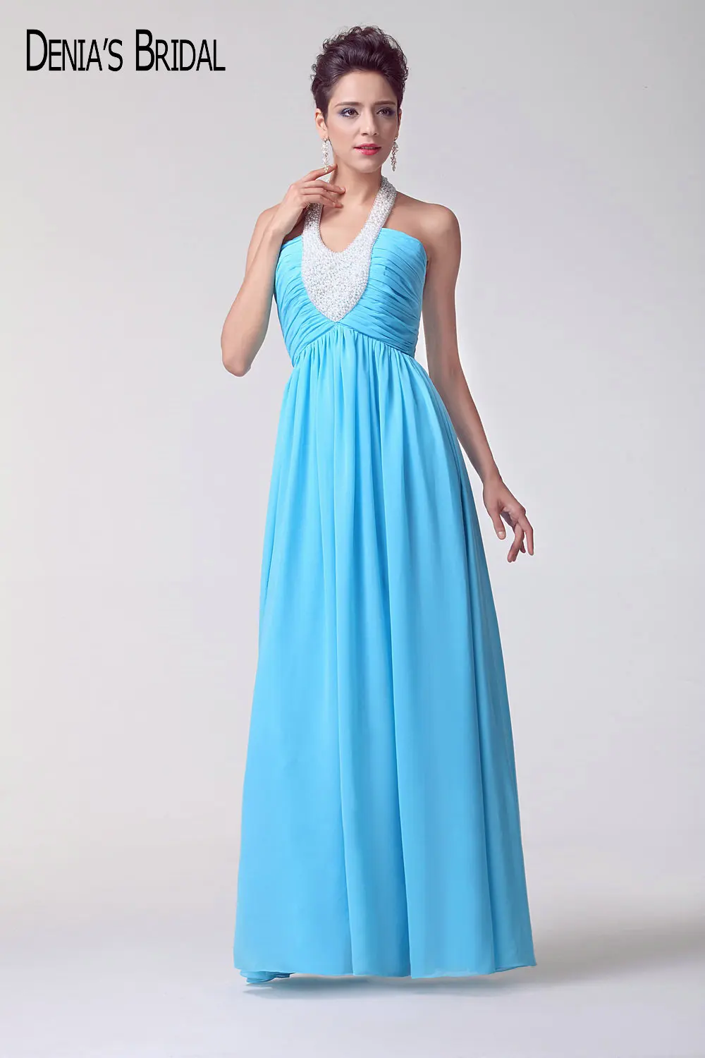 2017 Реальные изображения синие вечерние платья без рукавов с лямкой на шее