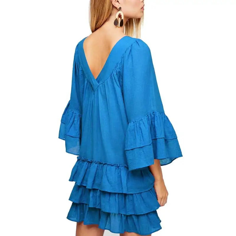 Boho вдохновил Ruffled квадратный средства ухода за кожей шеи V назад труба рукав