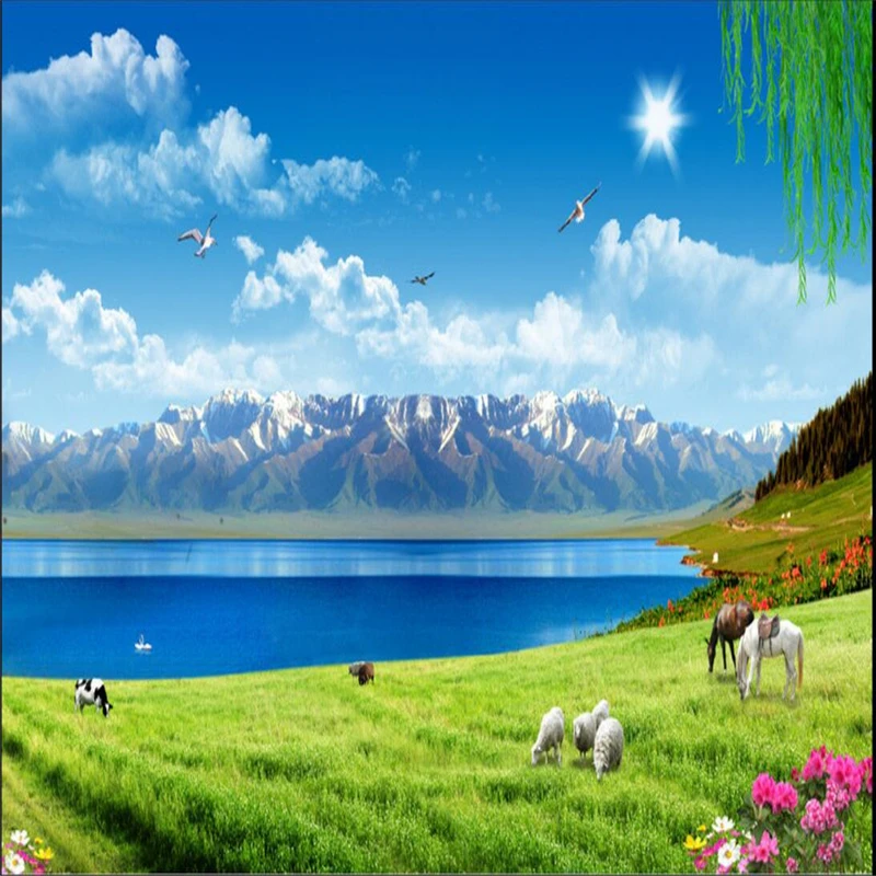 beibehang Custom photo background wallpaper Snow Mountain prairie blue sky and white clouds TV wall 3D large | Обустройство дома