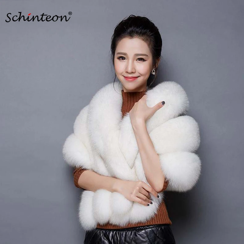 

Schinteon High Quality Faux Fox Fur Shrug Poncho Cape Shawl for Bridal Wedding Clothing Party Winter Women New