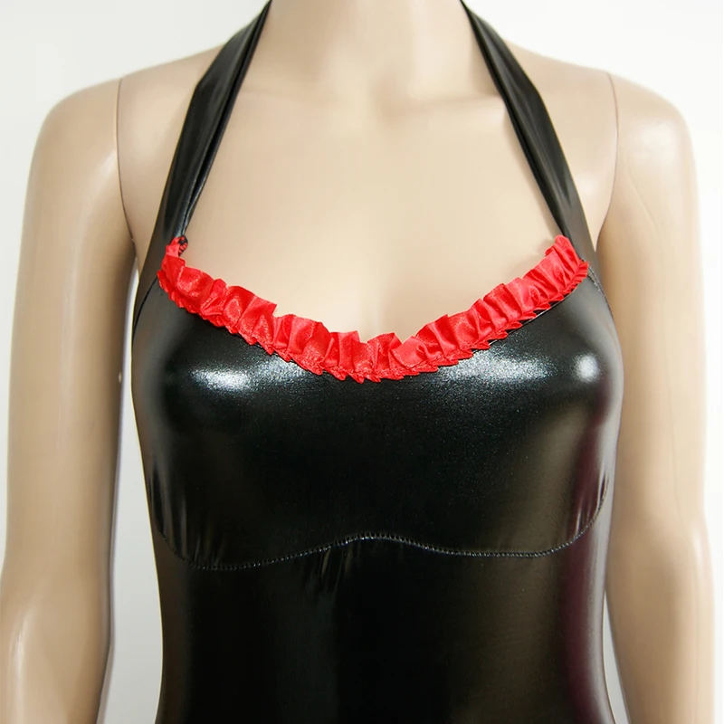 

Black Wetlook Vinyl Leather Catsuit For Women Sleeveless Lingerie Leather Jumpsuit Sexy Night Club Party Bodysuit W7908