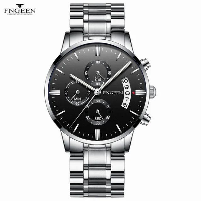 Silver black FNGEEN кварцевые часы для мужчин бизнес водонепроницаемые Авто часы с датой мужские роскошные мужские светящиеся наручные часы Reloj Hombre - Цвет: Silver black