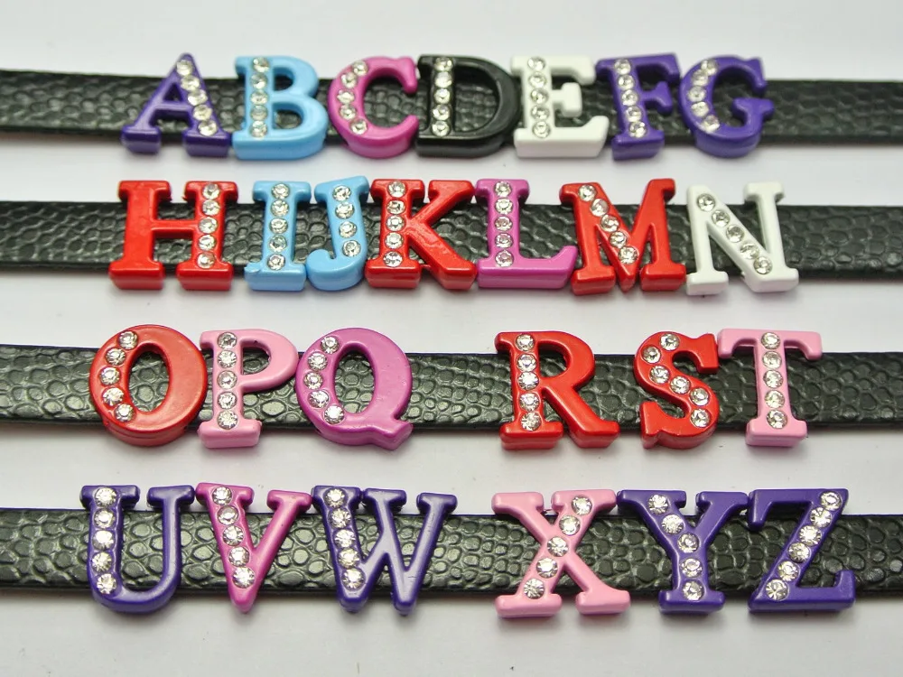 

26 Mixed Color Alloy Rhinestone Alphabet Letter "A-Z" Slide Charm Fit Wristbands