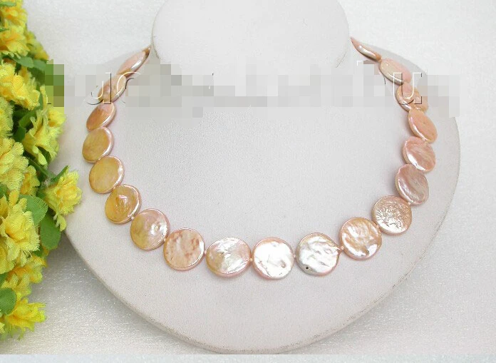 

fast AAA 17" 14-16mm coin fastener golden pink pearl necklace AAA
