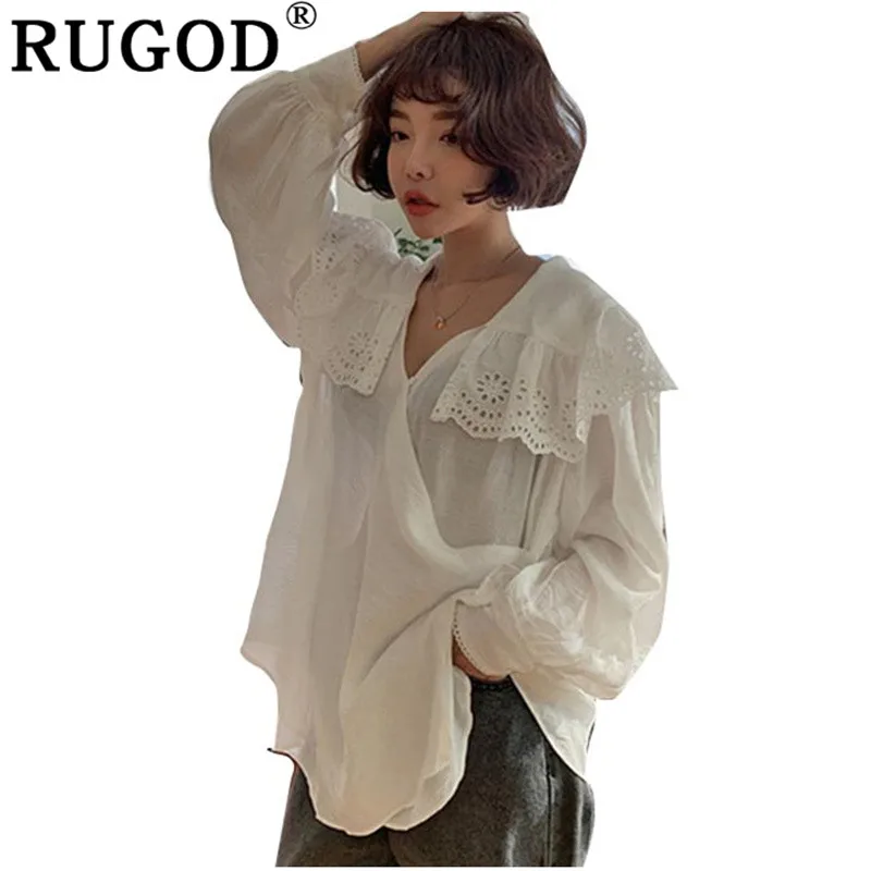 Женская кружевная блузка RUGOD белая Свободная с длинным рукавом-фонариком