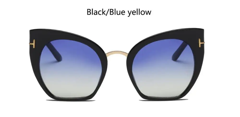 black blue yellow Блестящие черные солнцезащитные очки "кошачий глаз", модные брендовые женские очки с градиентными линзами, большие солнцезащитные очки, роскошные дизайнерские очки - Цвет линз: black blue yellow