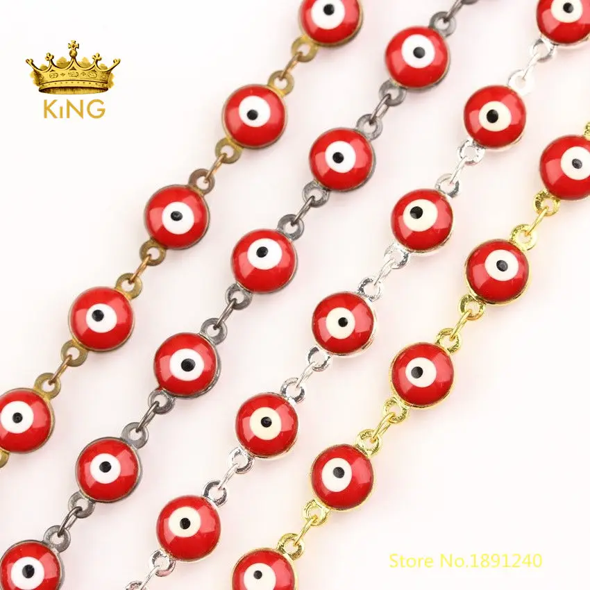 

5meters various plated copper chains,Evil Eye Enamel Beaded Rosary Chains Findings,Red Lampwork Glass Beads Links Chain ZJ234
