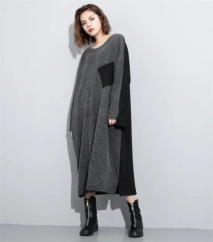 Depictdream 2017 new autumn solid color round neck long sleeve black knitting big size dress women fasihon tide |