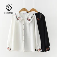 2019 new floral embroidered button up chiffon blouse long sleeve peter pan collar shirt sweet girls loose plus size top t93902f