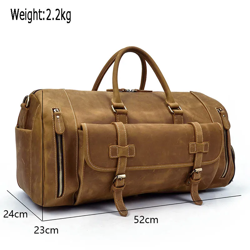 Vintage Men Travel Bag Crazy Horse Genuine Leather Big Travel Duffel Bag With Shoe Pocket Large Luggage Business Bags Handbag