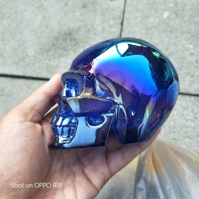 

1pcs 400-500g Natural Titanium blue Aura Rainbow Quartz carved Skull specially treated crystal stone