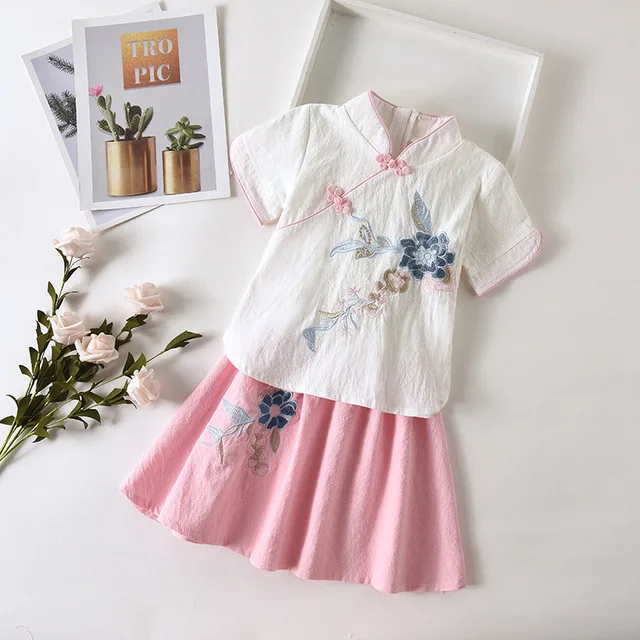 Style 16 Комплект из двух предметов для девочек из хлопка и льна с цветочной вышивкой; Традиционное китайское платье в стиле ретро; Летние повседневные платья; детское платье для выступлений - Цвет: Style 16