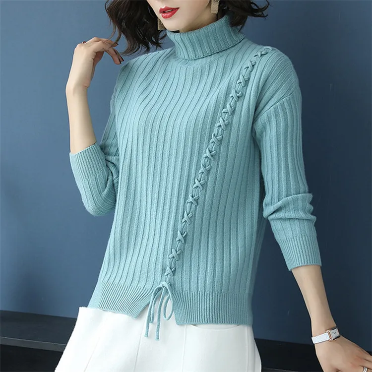 pure wool turtleneck knit women fashion cross lace up pullover sweater solid color S-M retail wholesale | Женская одежда