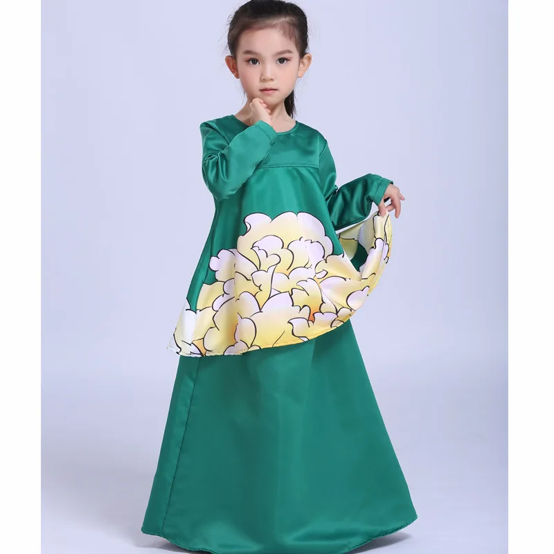 Мусульманское детское платье с цветочным принтом и О образным вырезом Djellaba Дубай