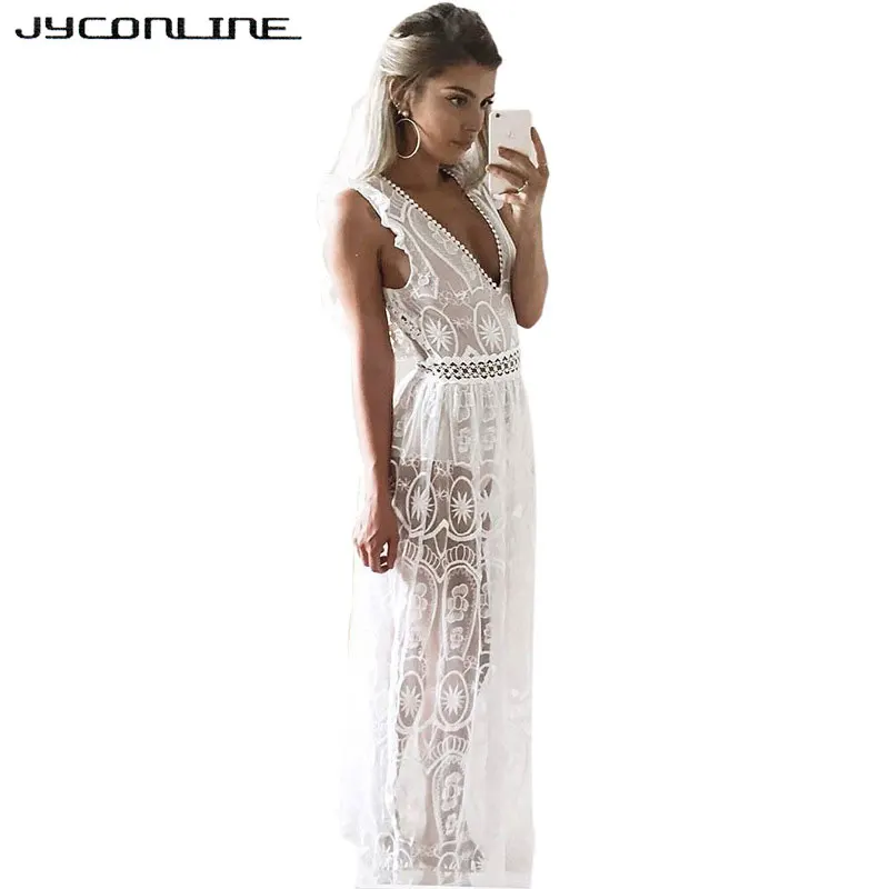Белое ажурное сексуальное кружевное платье JYConline женское летнее длинное макси