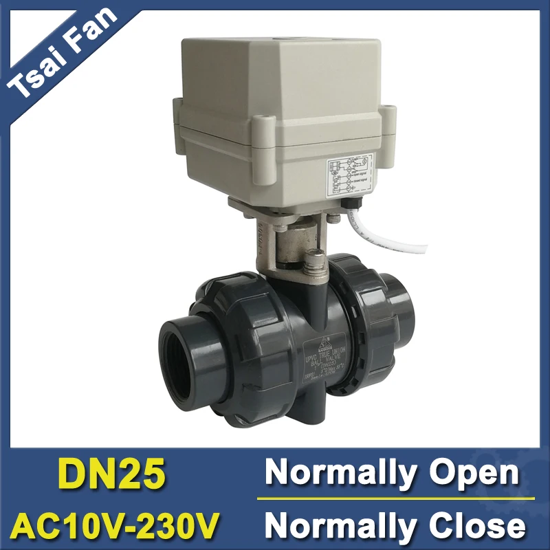 Двухсторонний ПВХ 1 'ɲ провода DN25 моторизованный шаровой клапан BSP/NPT AC110-230V 10