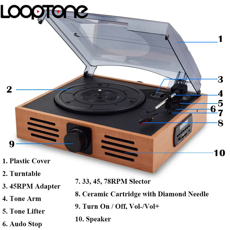 LoopTone 33/45/78 Скорость USB проигрыватель диска винила LP w/ FM радио разъем для наушников