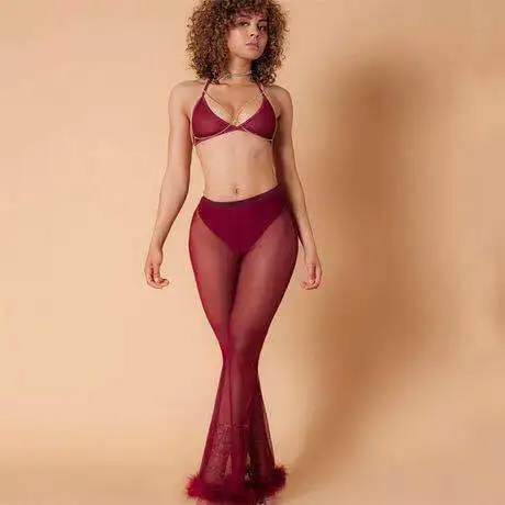 Женские прозрачные сетчатые брюки с широкими штанинами пикантные штаны отделкой