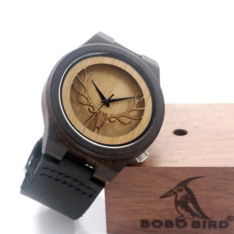 BOBO BIRD Deear Head Япония движение кварцевые часы из дерева антикварные часы с натуральной коровьей кожи ремешок повседневные часы