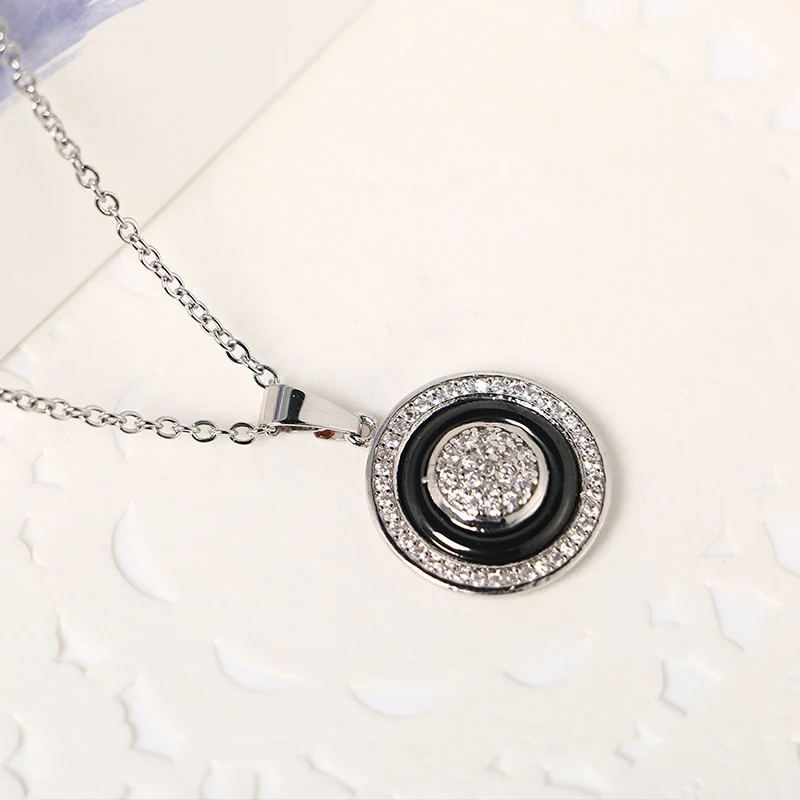 New Round Women Jewelry Set Shining Crystal Silver Metal Pendants Necklaces Black Ceramic Drop Earrings Vintage Fashion Jewelry