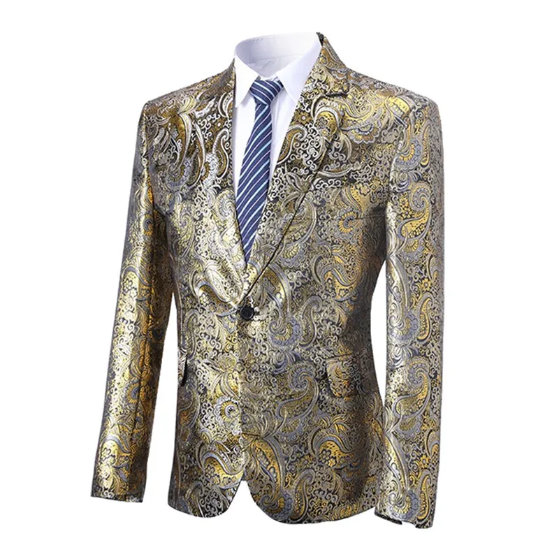 YUNCLOS мужской пиджак с золотым принтом один Блейзер на одной пуговице блейзер для