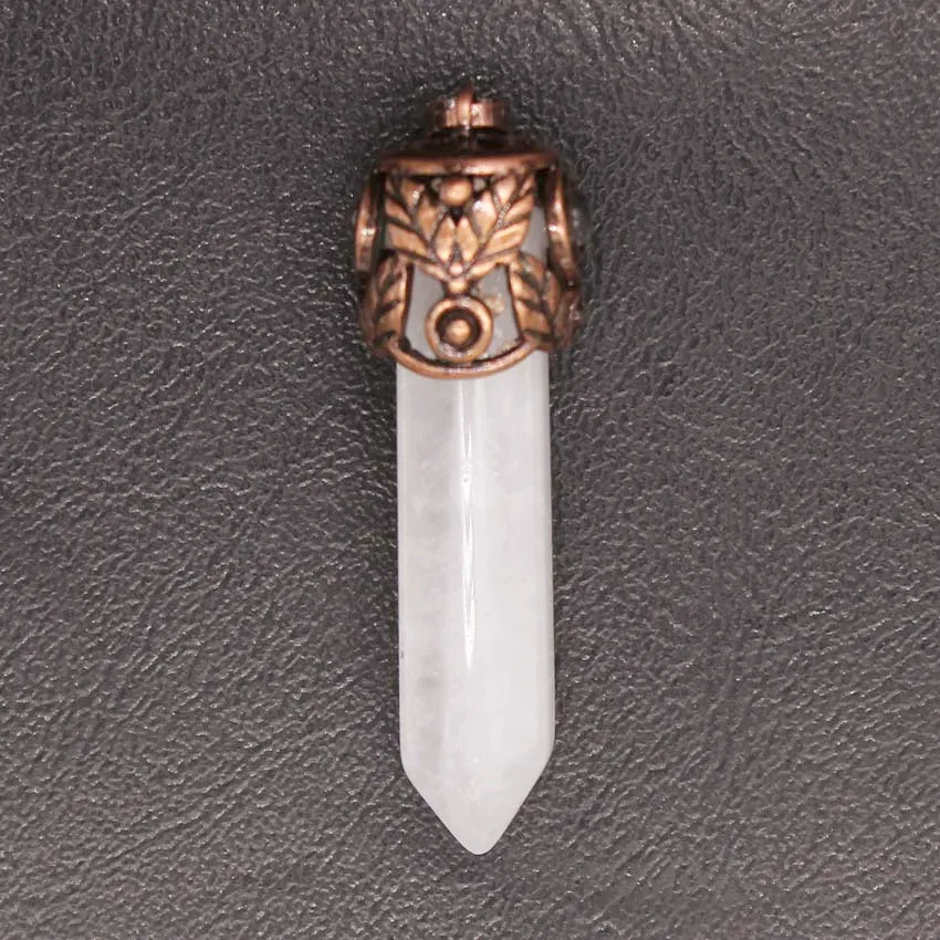 

100-Unique 1 Pcs Copper Plated Leaf Hexagon Column Natural Rock Crystal Pendant Charm Jewelry