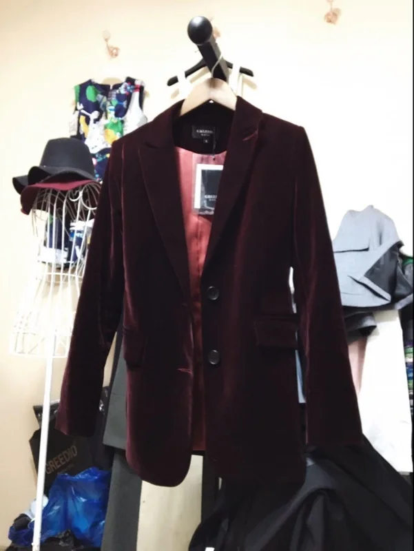 Женский вельветовый Блейзер с длинным рукавом и карманами зеленый винно красный