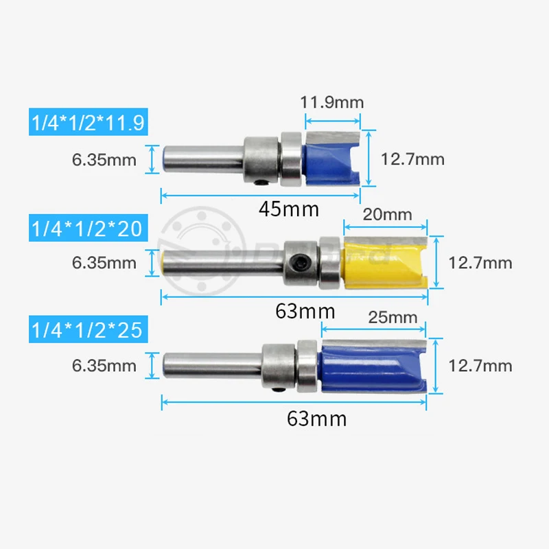 1/3pc 1/4" 1/4 Inch Shank Flush Trim Pattern Router Bit Top Bottom Bearing Trimming Woodworking Milling Cutter Alloy Blade |