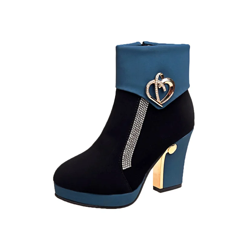 

New Women Boots Shoes Flock Round Toe Fashion Winter Side Zipper Shallow 9cm Thick High Heels Booties Casual Female Pumps Shoes