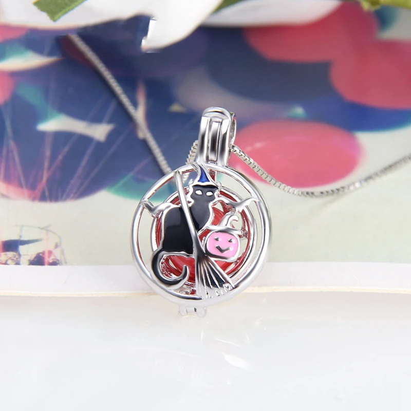 CLUCI серебряная подвеска для Хэллоуина 925 черная ведьма кошка круглой формы