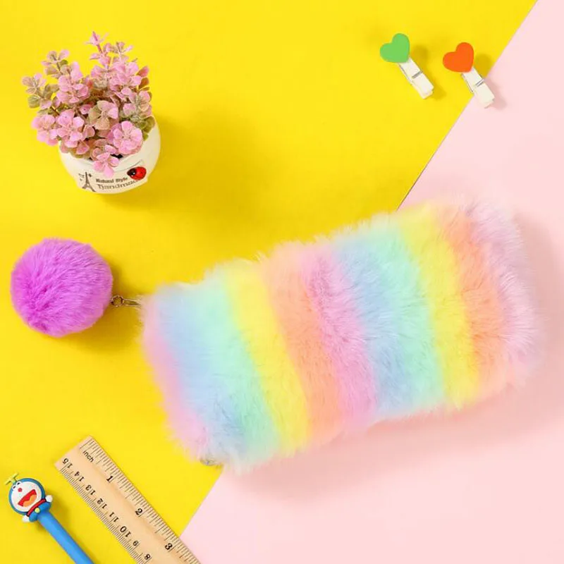 1PC Kawaii мульти-Цвет цветные радужные карандаши чехол Для женщин девочек школьные принадлежности обувь на платформе из искусственного кроличьего меха; сапоги мяч для хранения косметических принадлежностей, помпон косметичка - Цвет: 1PC