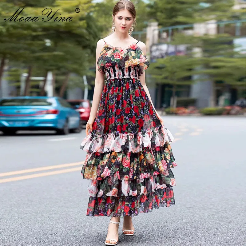 MoaaYina модельер взлетно посадочной полосы платье летом Для женщин цветочным
