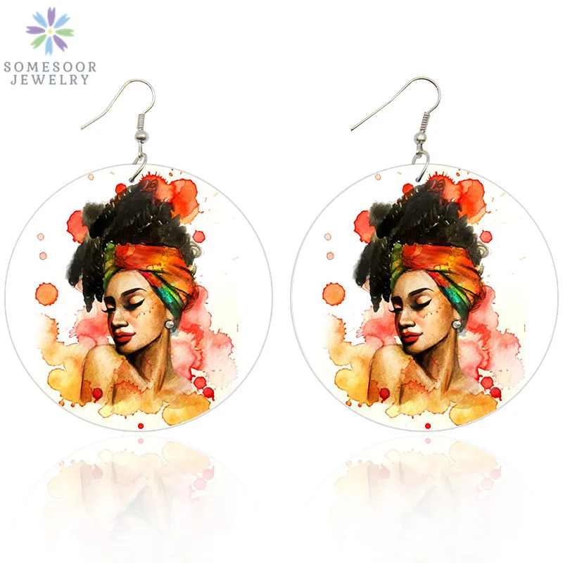 SOMESOOR Both Sides Painting Afro Natural Hair Wooden Drop Earrings African Headwrap Woman Artistic Wood Jewelry For Women Gifts  - buy with discount
