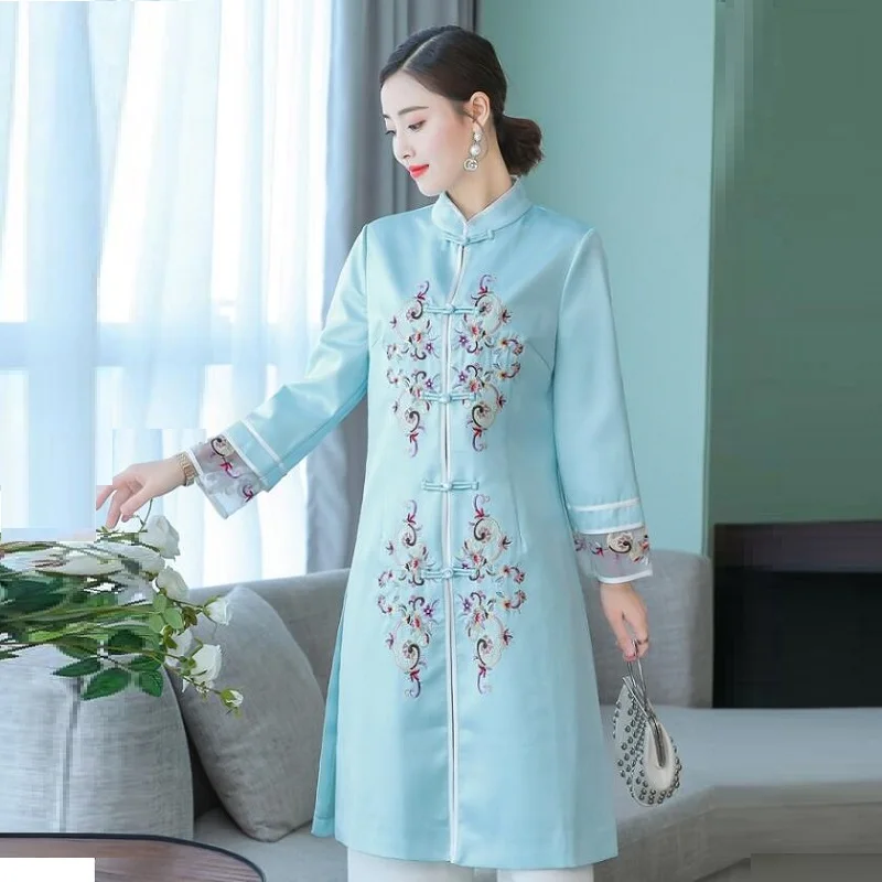 Одежда в китайском стиле Женская длинная рубашка Cheongsam воротник Мандарин халат