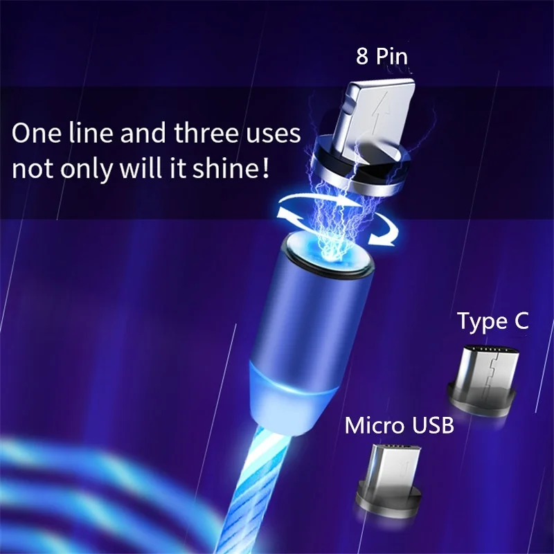 Светодиодный светящийся Магнитный кабель Lightning для IPhone Xs Max Магнит Micro Usb Type C Samsung
