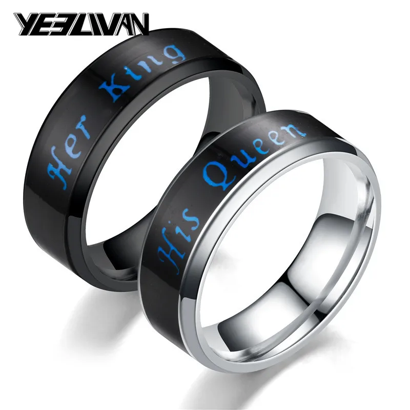 

Fashion Temperature Induction Wedding Rings New Intelligence Letter His Queen Her King Lovers Ring Express Love Alliance Gifts