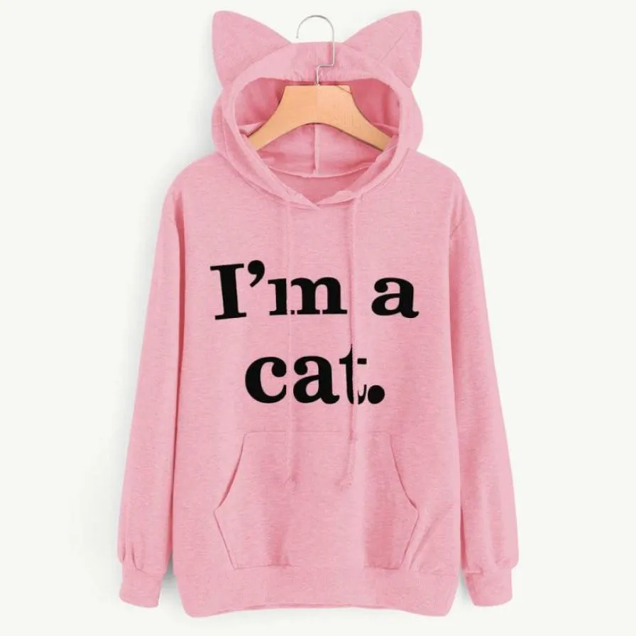 Женская толстовка с капюшоном надписью I am a Cat kawaii пуловер карманами и длинными