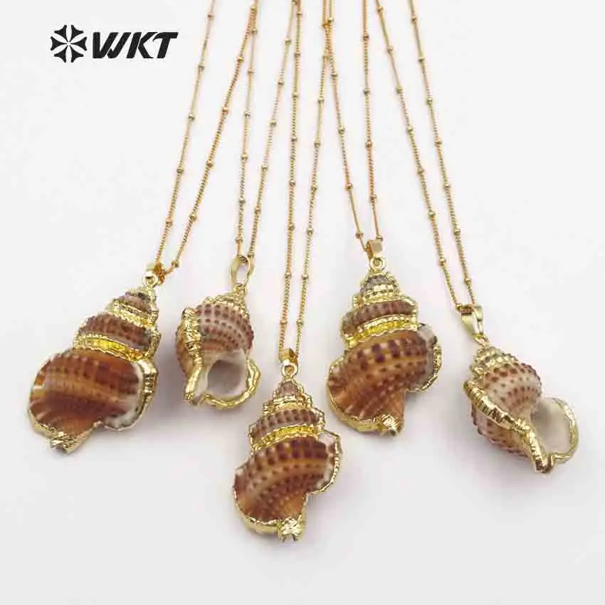 

WT-JN043 WKT Natural Raw Trumpet Shell With Gold Trim Conch Pendant Bohemia Style 18'' Inch Necklace Women Gift Non-tarnishable