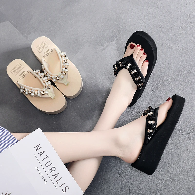 

2019 New Fashion Sandals Luxury Pearl Slippers High-heel non-skid Platform Women Flip Flops Metal Decorative Beach Lady Sandals