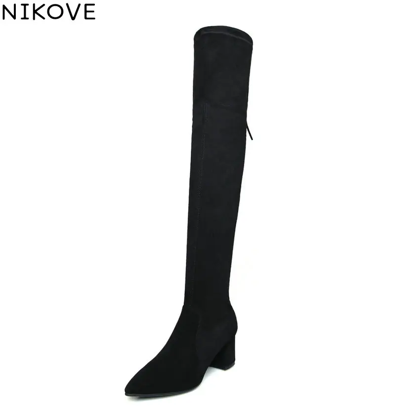 

NIKOVE/Женские Сапоги выше колена на высоком квадратном каблуке, однотонная обувь с острым носком, зимняя длинная обувь на молнии, размеры 34-39, ...